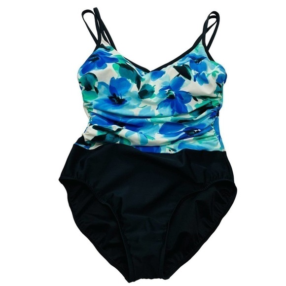 Miraclesuit 1 Pc Swimsuit Womens M Blue Black Floral Strappy Slimming Swim Beach - Picture 1 of 7